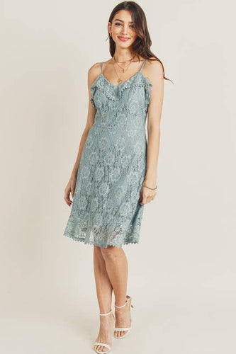 All Over Lace Frill Neckline Dress and Flare Hem