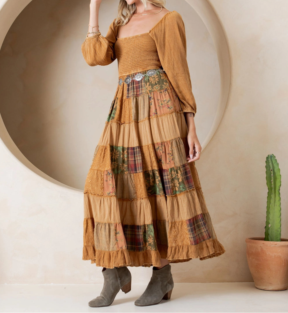 brown smocked maxi dress Rustic Bohemian Smocked Maxi Dress