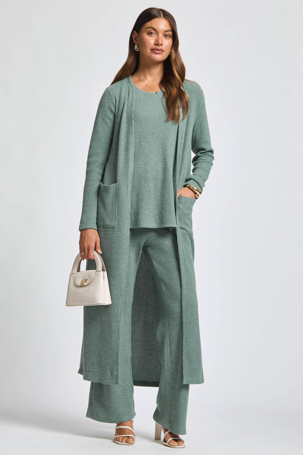 Thermal Sleeveless Tank + Cardigan + Relaxed Pants: SOFT TEAL