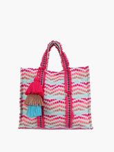 Load image into Gallery viewer, Esmeralda Striped Cotton Tote w/ Triple Tassels: Turquoise/Pink