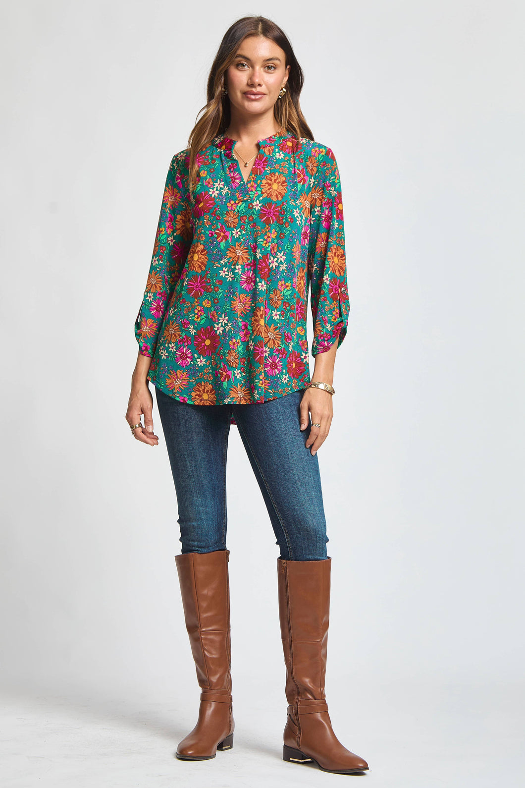 Fall Print Lizzy 3/4 Sleeve ToP: HUNTER GREEN