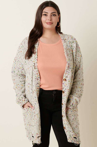 MULTI COLOR POPCORN DISTRESSED CARDIGAN - Curvy Girl