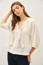 Load image into Gallery viewer, Embroidered Gauze Peasant Top With Tassle Trim