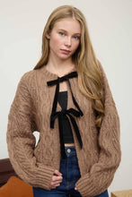 Load image into Gallery viewer, FRONT TIE VELVET BOW CABLE KNIT CARDIGAN SWEATER