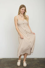 Load image into Gallery viewer, STRIPE SWEETHEART BUTTON DOWN SLEEVELESS MIDI DRESS: KHAKI