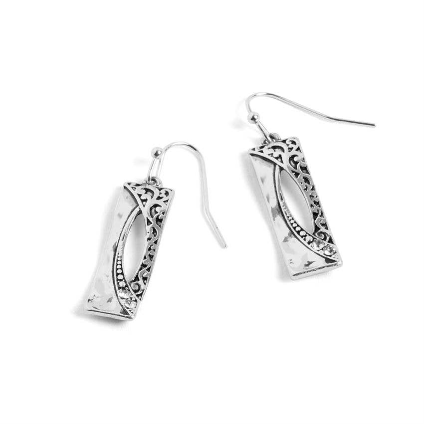 Rectangle Hollow w/ Stone Earrings: Silver
