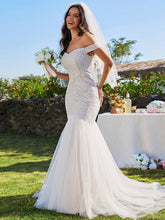 Load image into Gallery viewer, Elegant Fishtail  Floor Length Off Shoulder Wedding Dress: Ivory / 12