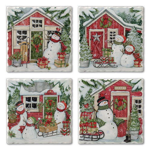 Snowman's Farmhouse Assorted Image  Coaster 4 Pk