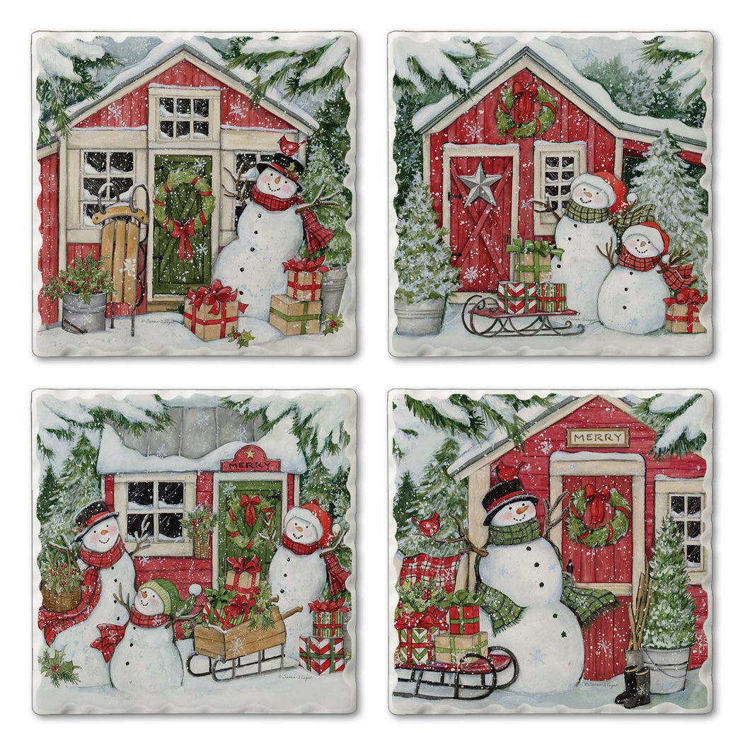 Snowman's Farmhouse Assorted Image  Coaster 4 Pk