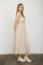 Load image into Gallery viewer, STRIPE SWEETHEART BUTTON DOWN SLEEVELESS MIDI DRESS: KHAKI