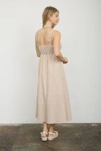 Load image into Gallery viewer, STRIPE SWEETHEART BUTTON DOWN SLEEVELESS MIDI DRESS: KHAKI