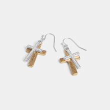 Load image into Gallery viewer, Double Bling Cross Dangle Earrings