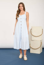 Load image into Gallery viewer, STRIPE SWEETHEART BUTTON DOWN SLEEVELESS MIDI DRESS: LIGHT BLUE