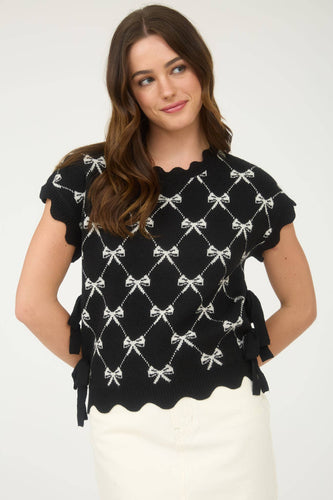 BOW PATTERN  SIDE TIE KNIT PULLOVER: BLACK