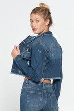 Load image into Gallery viewer, Raw Hem Cropped Denim Jacket: Dark Wash