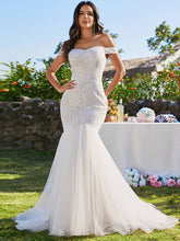 Load image into Gallery viewer, Elegant Fishtail  Floor Length Off Shoulder Wedding Dress: Ivory / 12