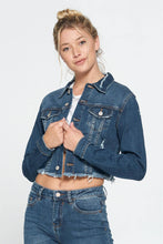 Load image into Gallery viewer, Raw Hem Cropped Denim Jacket: Dark Wash