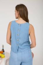 Load image into Gallery viewer, BACK BUTTON SLEEVELESS CHAMBRAY TOP