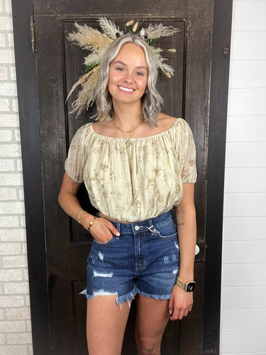 Elastic Off Shoulder Floral Crop Blouse