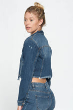 Load image into Gallery viewer, Raw Hem Cropped Denim Jacket: Dark Wash