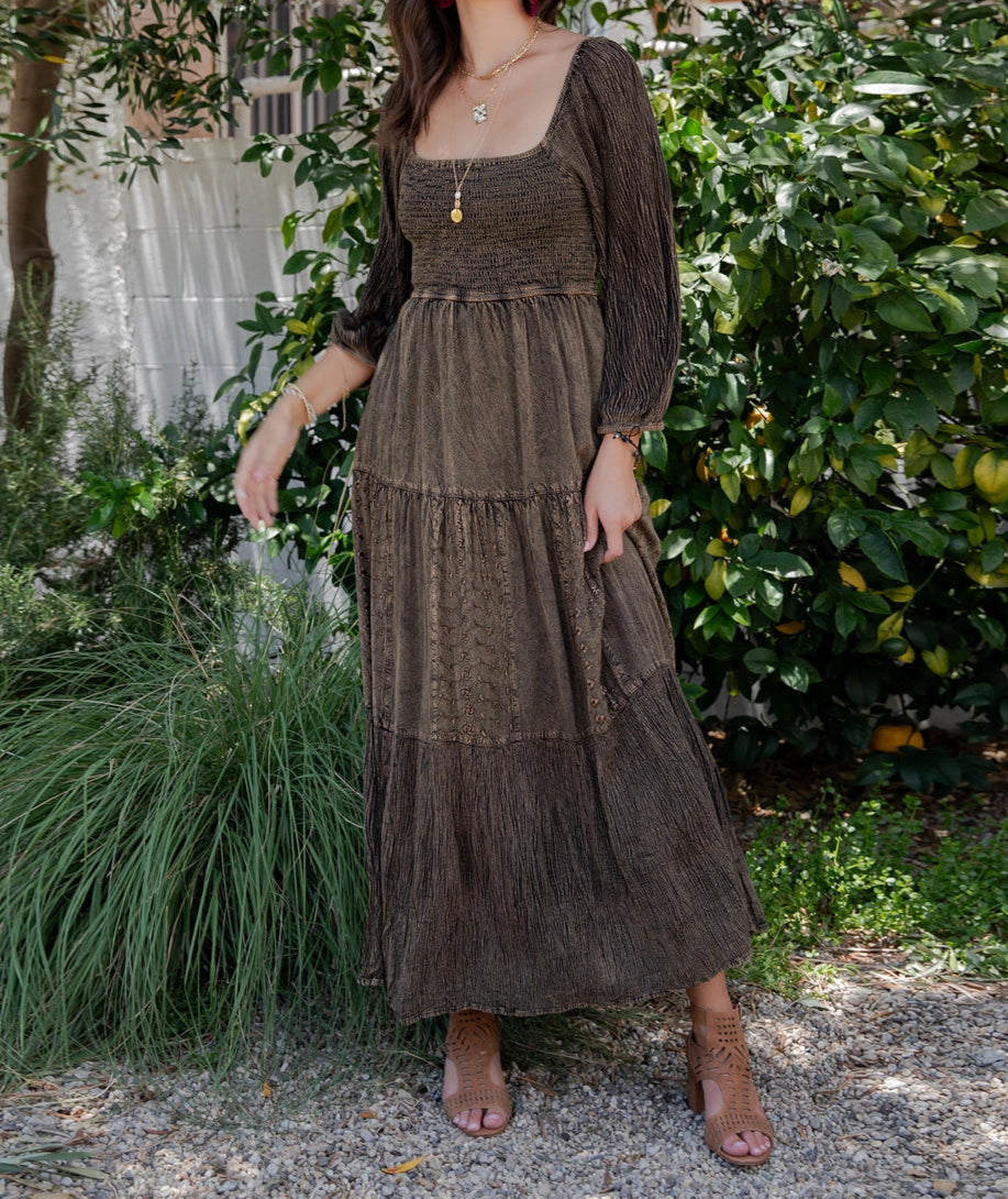 Rustic Bohemian Smocked Maxi Dress