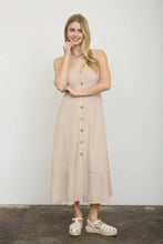 Load image into Gallery viewer, STRIPE SWEETHEART BUTTON DOWN SLEEVELESS MIDI DRESS: KHAKI