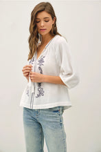 Load image into Gallery viewer, Embroidered Gauze Peasant Top With Tassle Trim