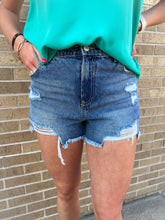 Load image into Gallery viewer, Mom Fit High Waisted Denim Frayed Hem Shorts