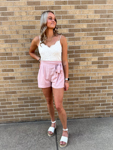 Woven Lace Cami Waist Belted Romper