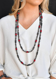 66" Faux Navajo Pearl, Red and Melon Bead Necklace
