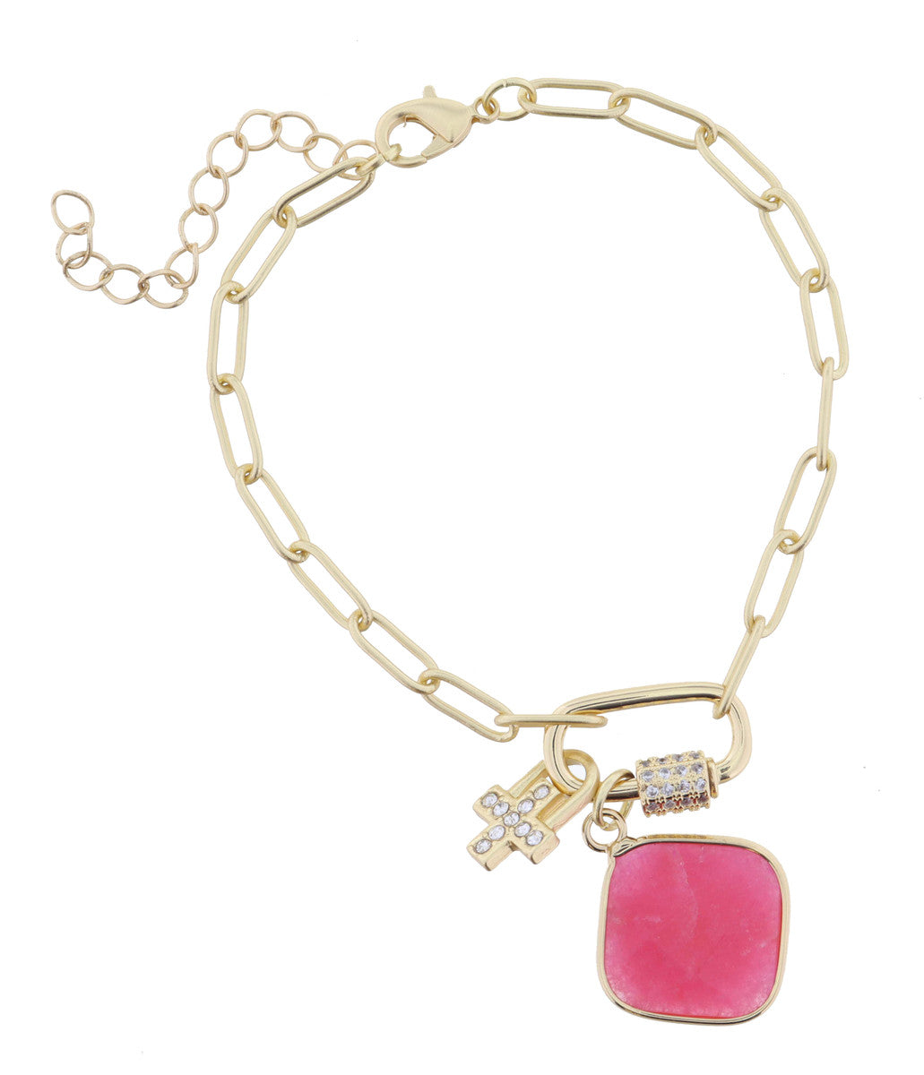 Gold Carabiner with Hot Pink Stone Bracelet